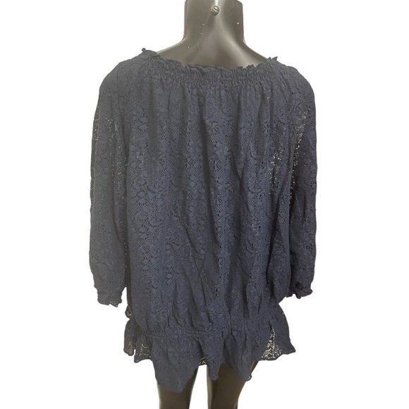 1X Izod Women Sheer Lace Top Elastic Off Shoulder Navy Blue - Picture 6 of 10